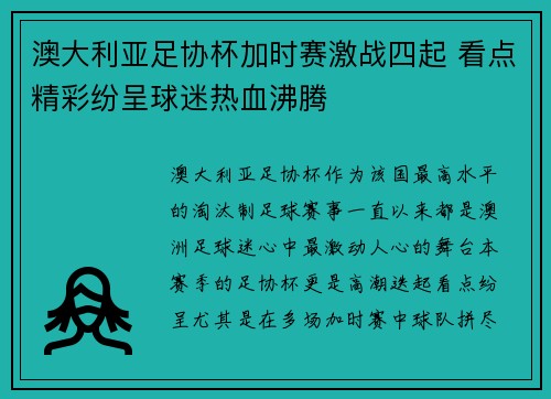 澳大利亚足协杯加时赛激战四起 看点精彩纷呈球迷热血沸腾